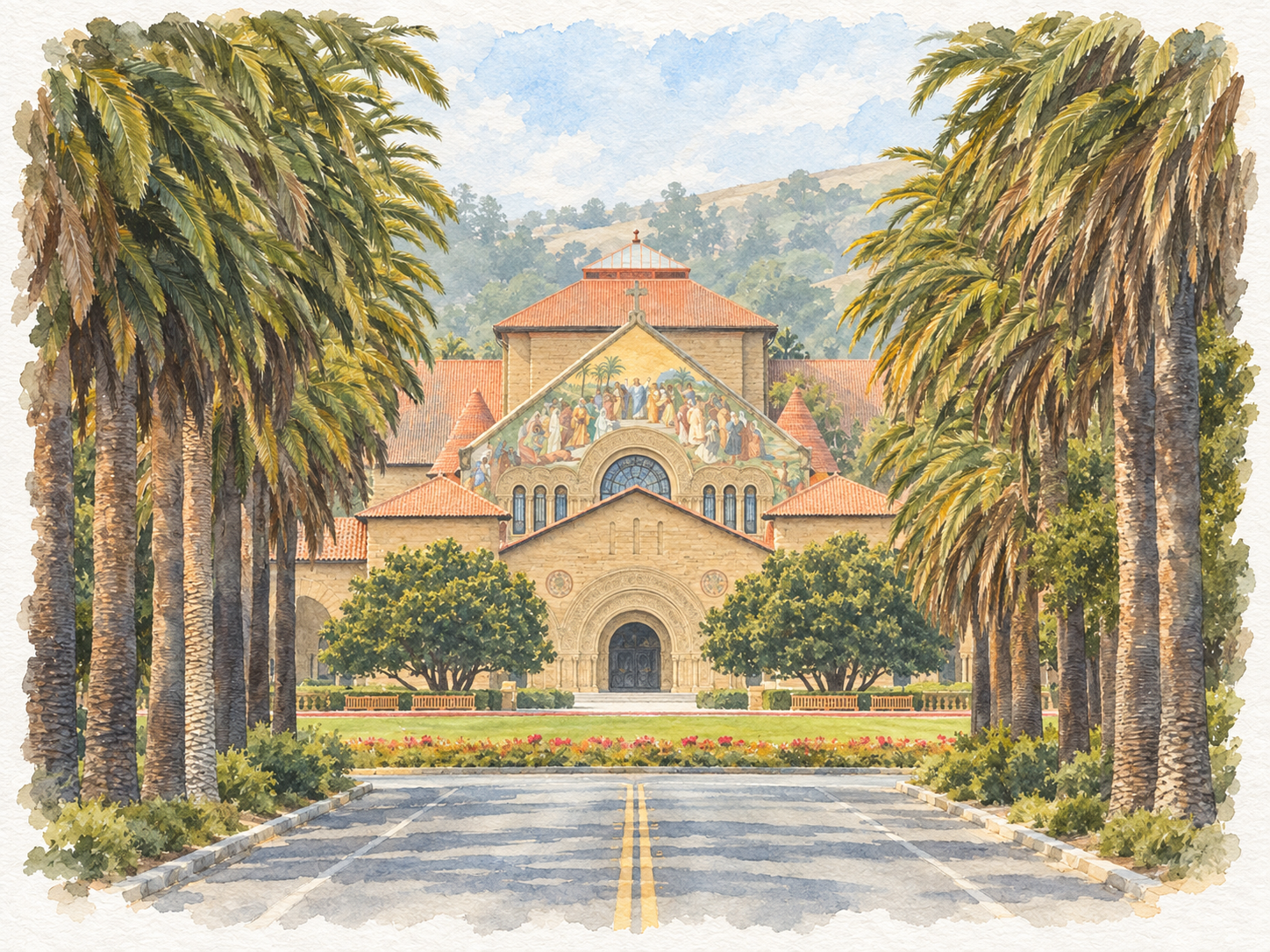 A tiny watercolor of Palm Drive looking toward Stanford’s Main Quad